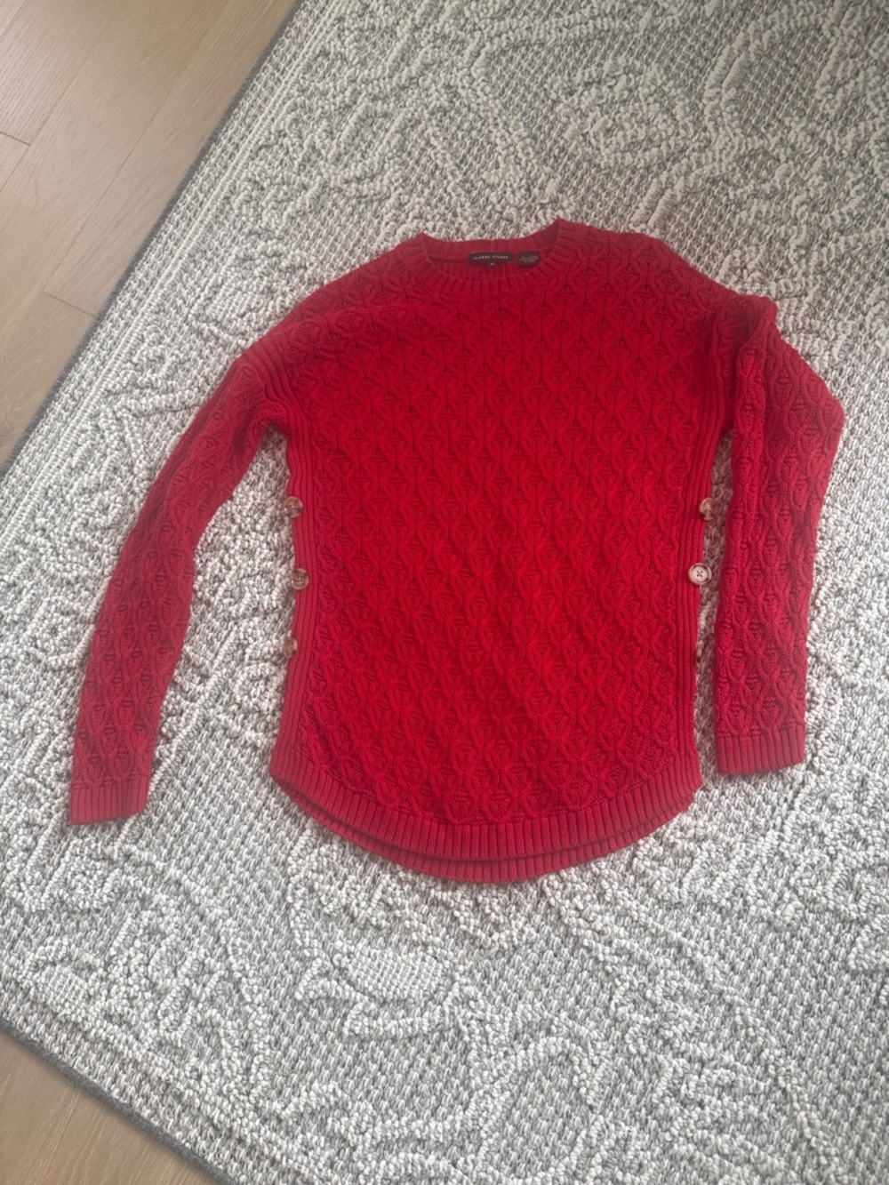 JEANNE PIERRE Red Cable-Knit Crewneck Sweater with Side Buttons 100%cotton